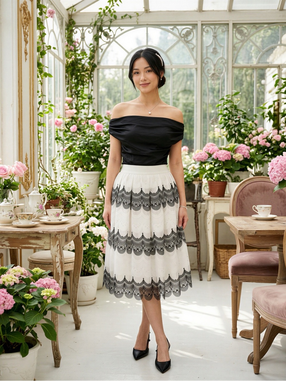 Off-Shoulder Black Top with White and Black Lace Midi Skirt